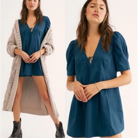 FREE PEOPLE Adelle Teal Blue Mini Dress Tunic—Size XS - Picture 16 of 16